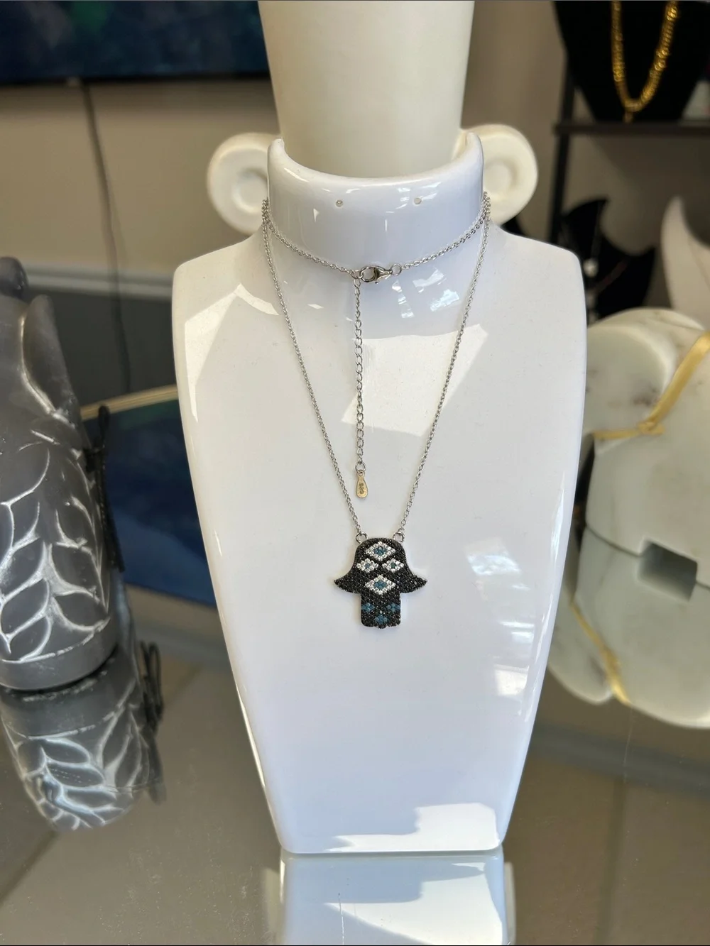 Silver Hamsa Pendant Necklace with Black and Blue Accents - Women Jewelry